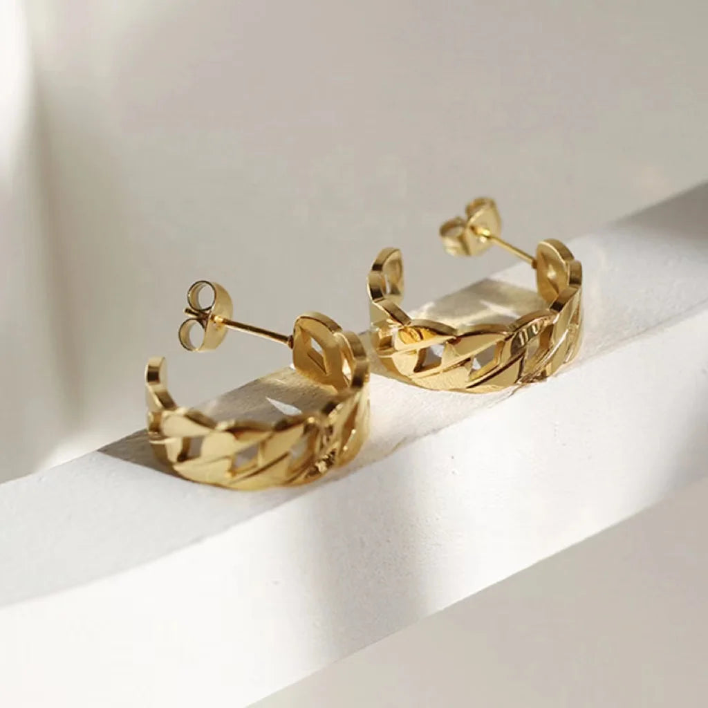 SC Waterproof Hypoallergenic Stainless Steel Earrings Minimalist Jewelry 18K Gold Plated Hollow C Cuban Chain Hoop Earrings