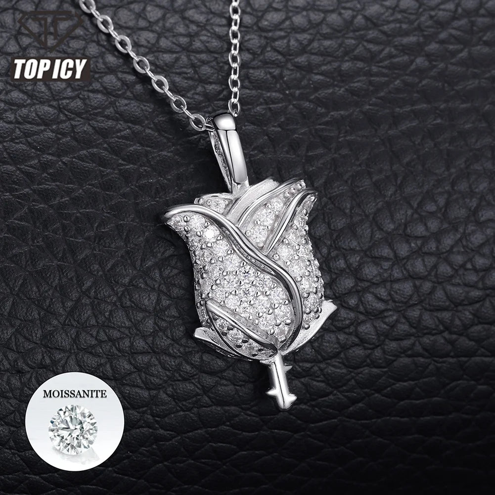 Moissanite 925 Sterling Silver Rose Pendant Iced Out Moissanite Pendant Pass Diamond Tester Silver Necklace  Women Jewelry