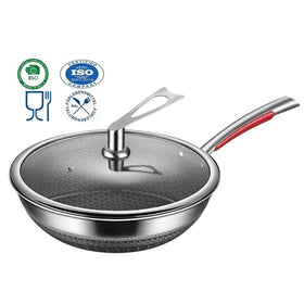 Hybrid Triply Stainless Steel Honeycomb Double-Sided Screen Wok Pan Non-Stick Gas Induction Eco-Friendly Kitchen Cooking Fry Wok