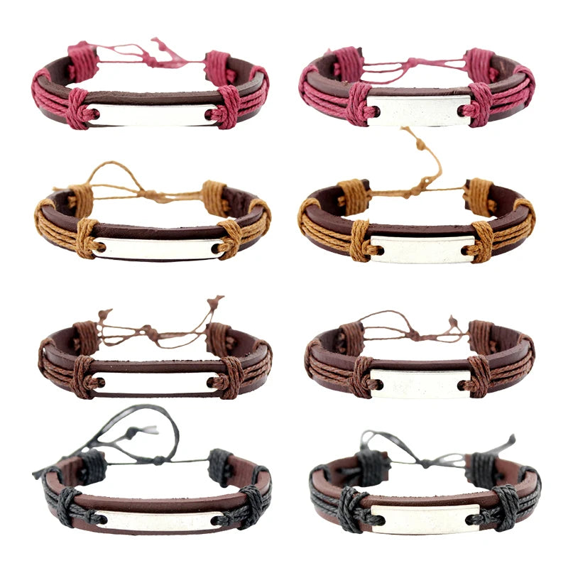 Manufacturer Custom Engraving Bar Charm Bracelet Engraved Blank Bar Plate Genuine Leather Wrap Bracelets
