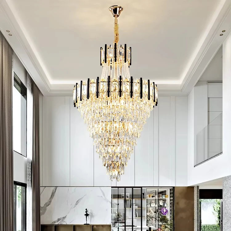 Classic Double Layer Crystal Chandelier with Black Decoration for Hotel Lobby Ceiling Decoration LED Gold Crystal Chandelier