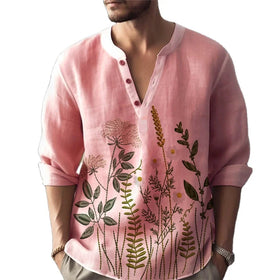 RNSHANGER Vintage Bohemian Printed Long Sleeve Casual Button-Down Shirt Loose Henley V-Neck Beach Tops Hawaiian Shirts for Men