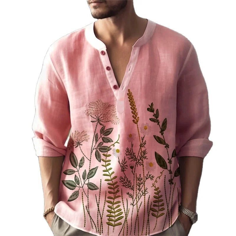 RNSHANGER Vintage Bohemian Printed Long Sleeve Casual Button-Down Shirt Loose Henley V-Neck Beach Tops Hawaiian Shirts for Men