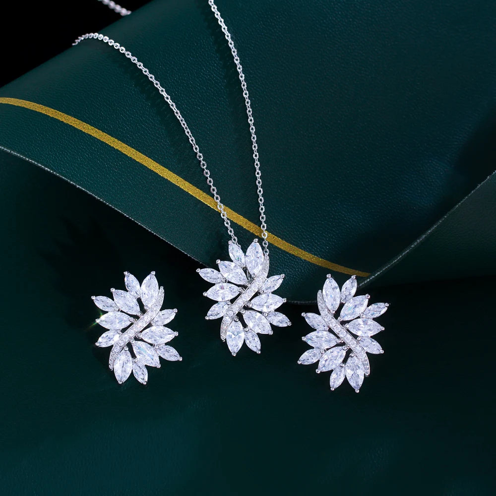 Wholesale Flower Shape CZ Drop Dangle Necklace and Earring Women Wedding Bridal Jewelry Set for Women Fashion Jewelry