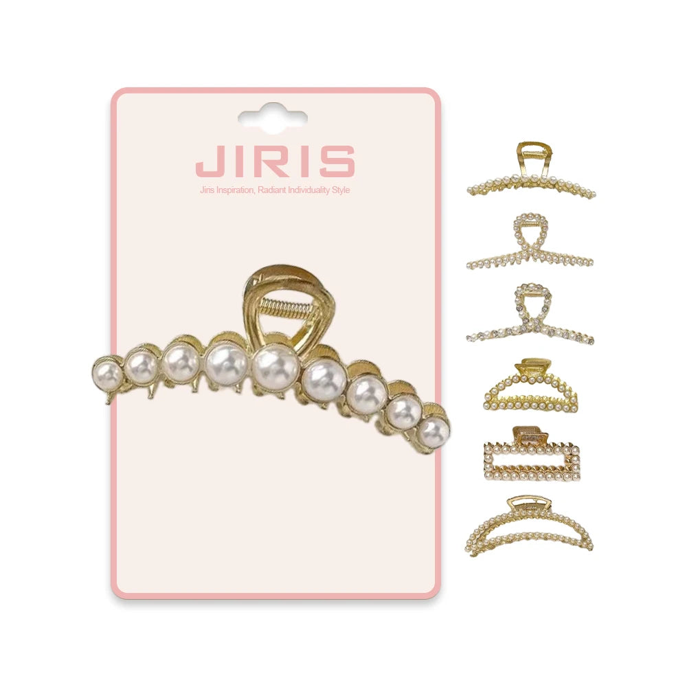JIRIS Hot Sale Korean Metal Elegant Pearl Banana Diamond Rhinestone Hair Claw Clips New Fashion Designer Accessories Clips Women