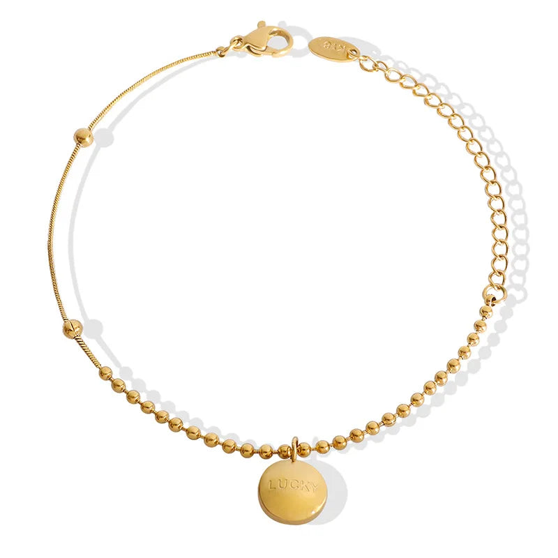 Custom Logo 18K Gold Plated Stainless Steel Flimming Setting Round Pendant Bead Chain Bracelet Adjustable for Women Anniversary
