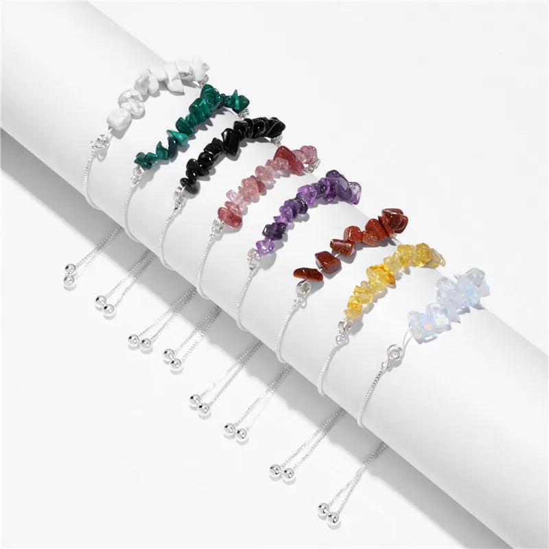 Bohemia Healing Natural Crystal Gravel Stone Beaded Bracelet with Stainless Steel Chain for Women Men