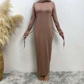 2024 New Muslim Arabian Solid Color Long Sleeve Dress Women's Side Drawstring Trendy Home Bottoming Shirt