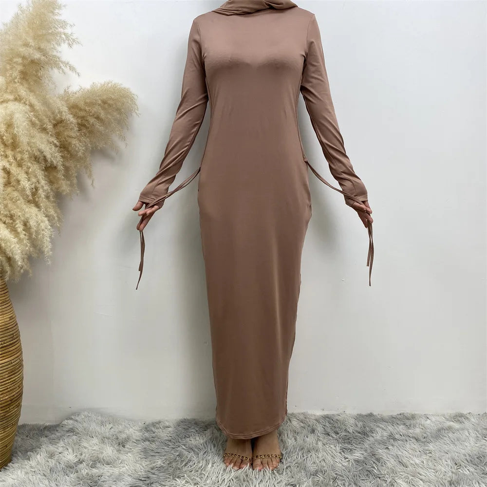 2024 New Muslim Arabian Solid Color Long Sleeve Dress Women's Side Drawstring Trendy Home Bottoming Shirt