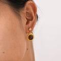 Vintage Inlaid Zircon tigers Eye Stone Dangle Earrings Stainless Steel Women's Styud Earrings Waterproof MegaBDM