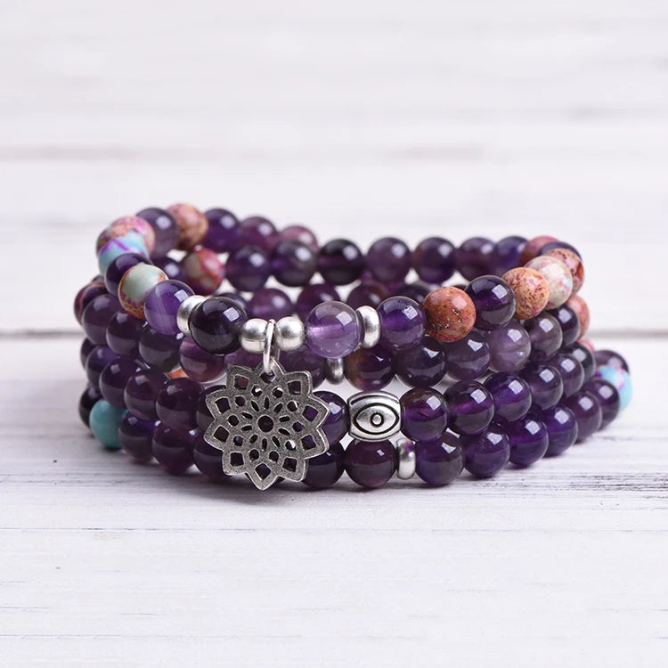 6mm 108 Prayer Beads Mala Yoga Gemstone Long Tassel Bracelet Imperial Jasper Amethyst Beaded Charm Bracelets for Women