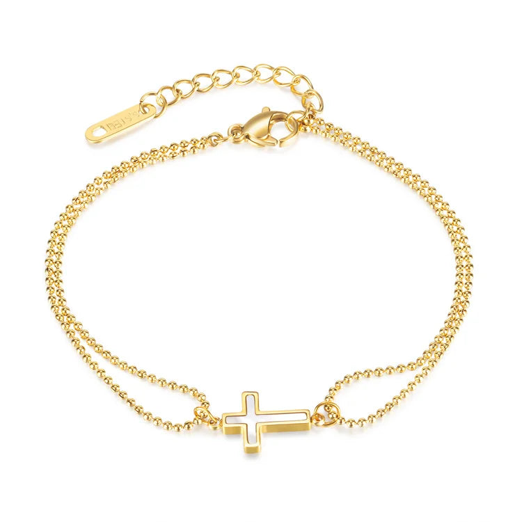Wholesale Christian Jewelry Simple Statement Design Double Layer Beaded Chain Cross Stainless Steel Charm Bracelet