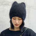 Custom logo Faux Fur Rabbit Knitted Hat Winter Floppy Warm Slouchy Double Layer Beanie Hats