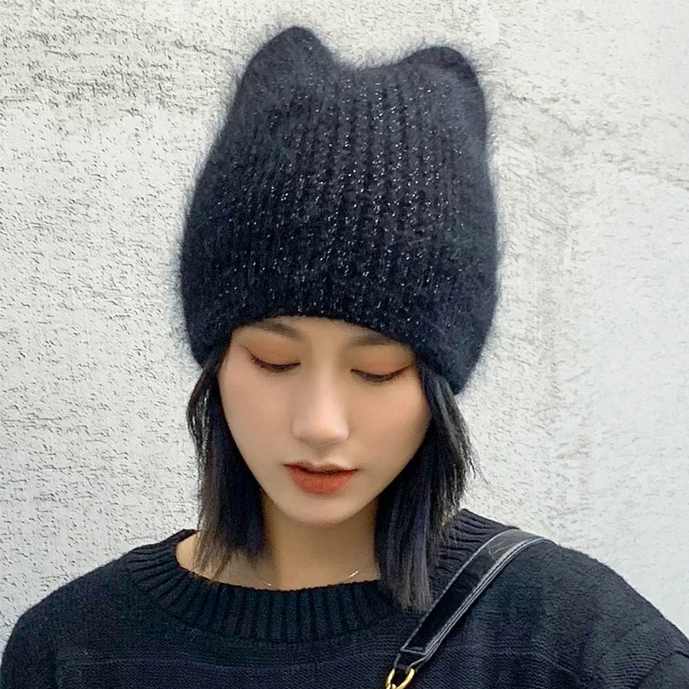 Custom logo Faux Fur Rabbit Knitted Hat Winter Floppy Warm Slouchy Double Layer Beanie Hats