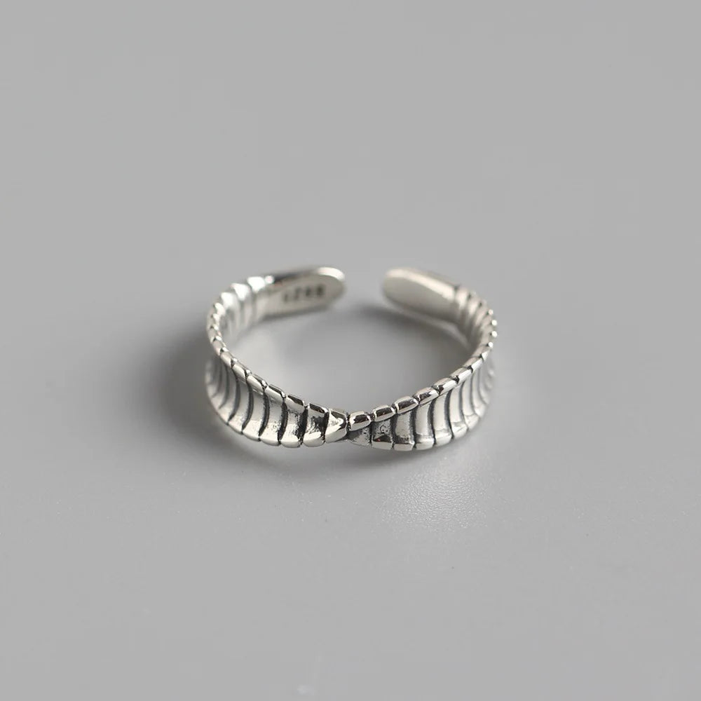 Korean Vintage S925 Pure Silver Wave Mobius Opening Ring for Women Fine Rings with Button Pattern