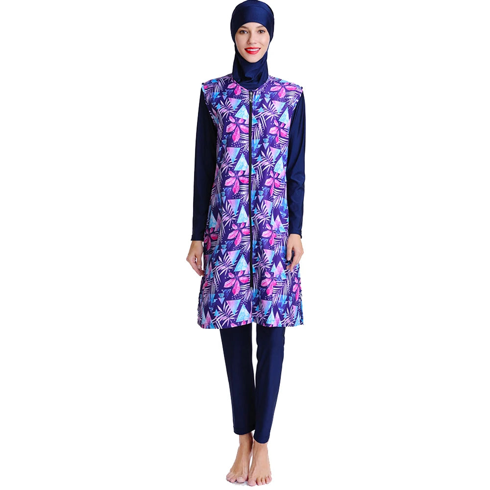 Stylish Modest Swimwear Set for Muslim Women New Patterned Burkini with Long Waterproof Robe