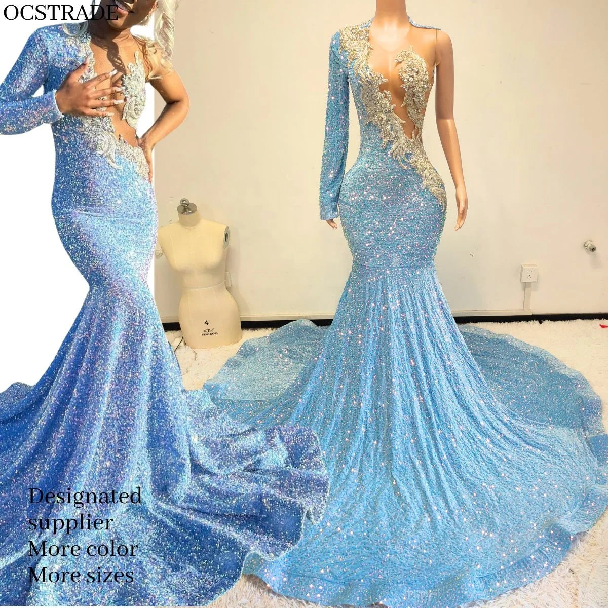 Ocstrade Sparkly Rhinestone One Sleeve Evening Dresses for Black Girls American Ball Gown Blue Long Prom Dresses 2025 Elegant