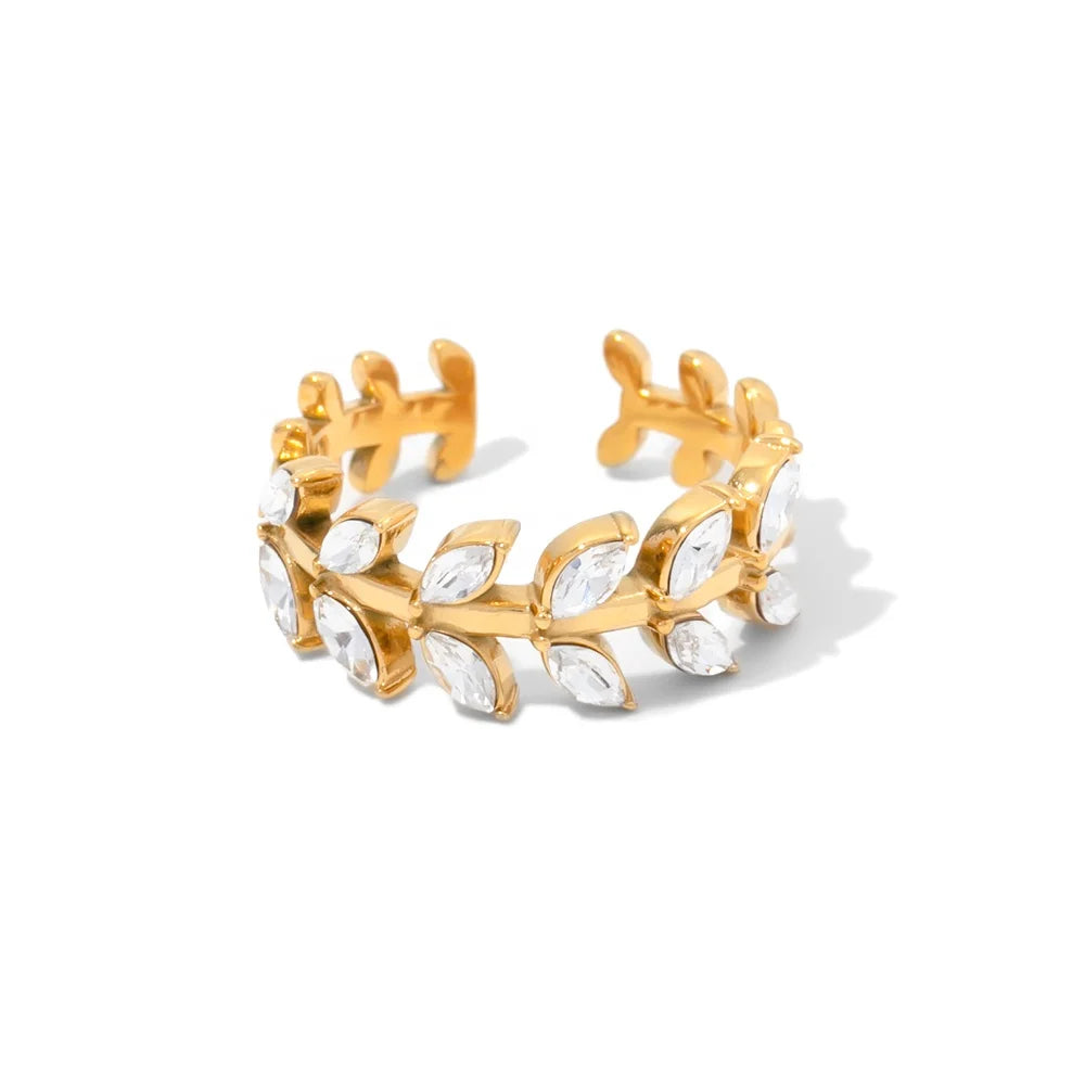 Dainty 18K Gold Plated Stainless Steel Branch Leaf Design WHite Cubic Zirconia Adjustable Rings