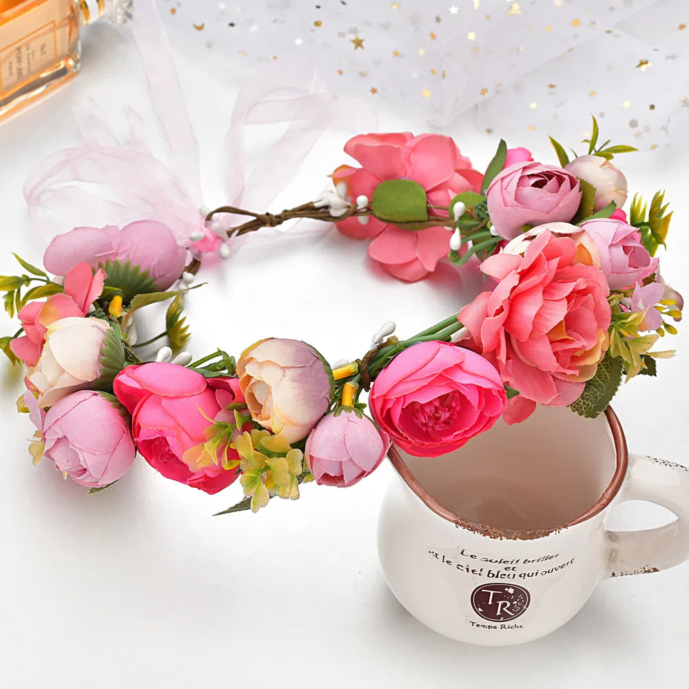 Handmade Bohemian Rose Flower Crown Headband Vintage Inspired Floral Hair Accessory for Bridal Wedding Photography Graduation