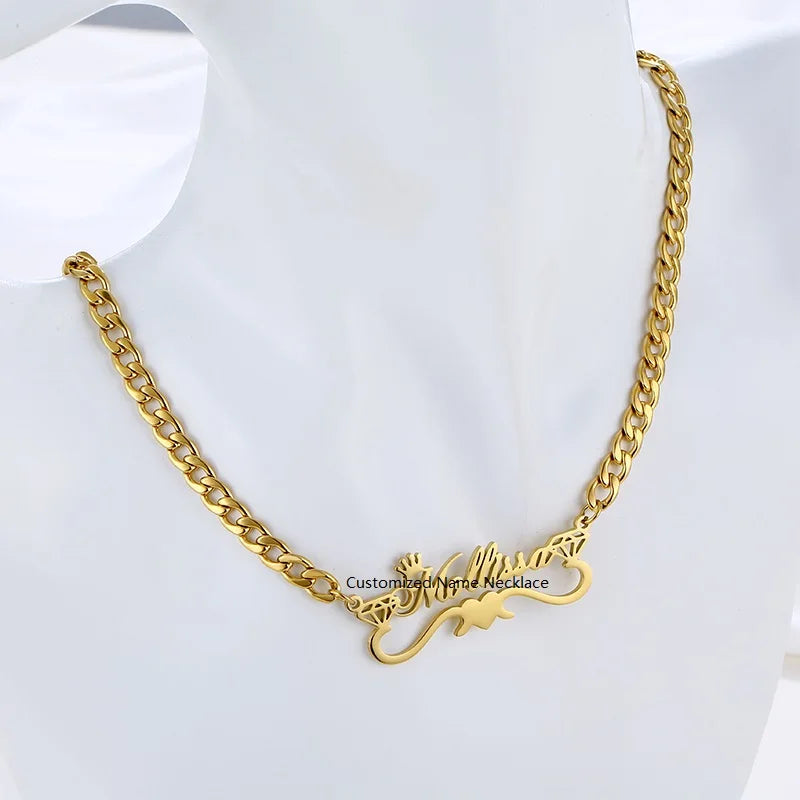 Custom Stainless Steel Name Crown Alphabet Necklace with Heart Pendant for Couples
