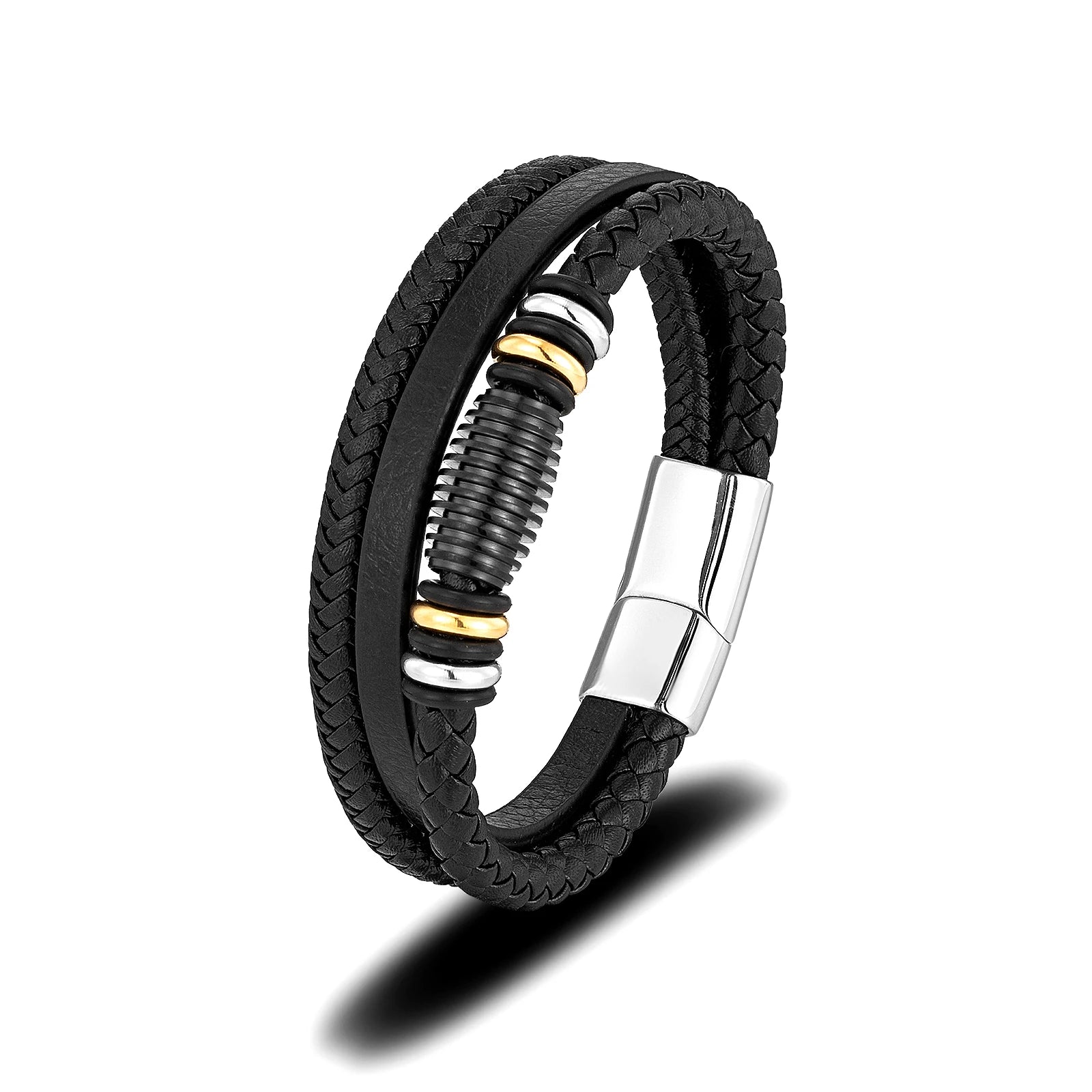 Handmade Men's Leather Jewelry Multi-Strand Black Leather Bracelet Stainless Steel Leather Bracelet for Man