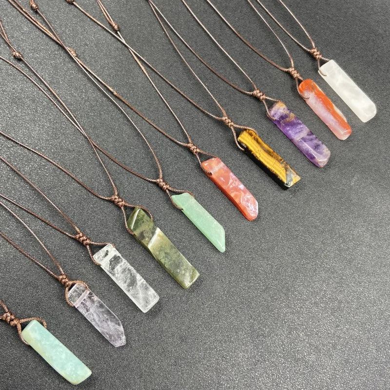 Healing Amethyst Gemstone Flat Long Handmade Leather Wrap Necklace Spiritual Rose Quartz Necklace for Men Bride Jewelry Gift