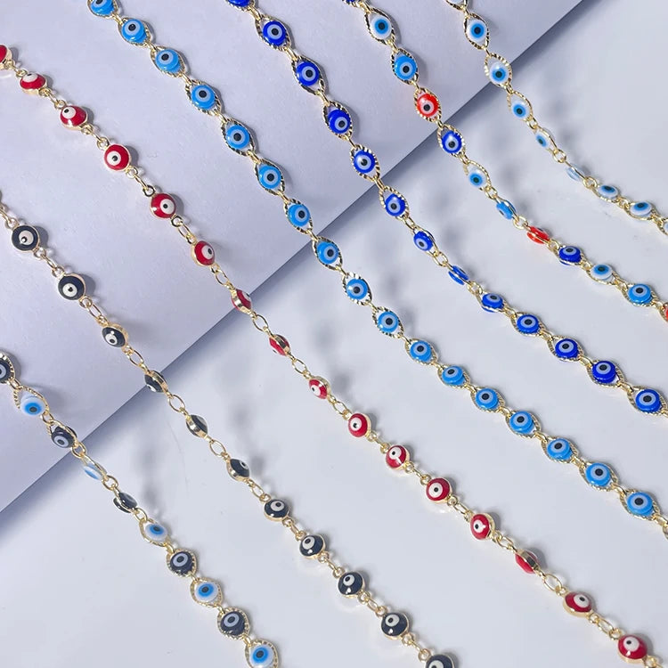 14K Gold Plated Handmade Brass Chain Turkish Evil Eye Shape Bead Chain Roll for Jewelry Accessories
