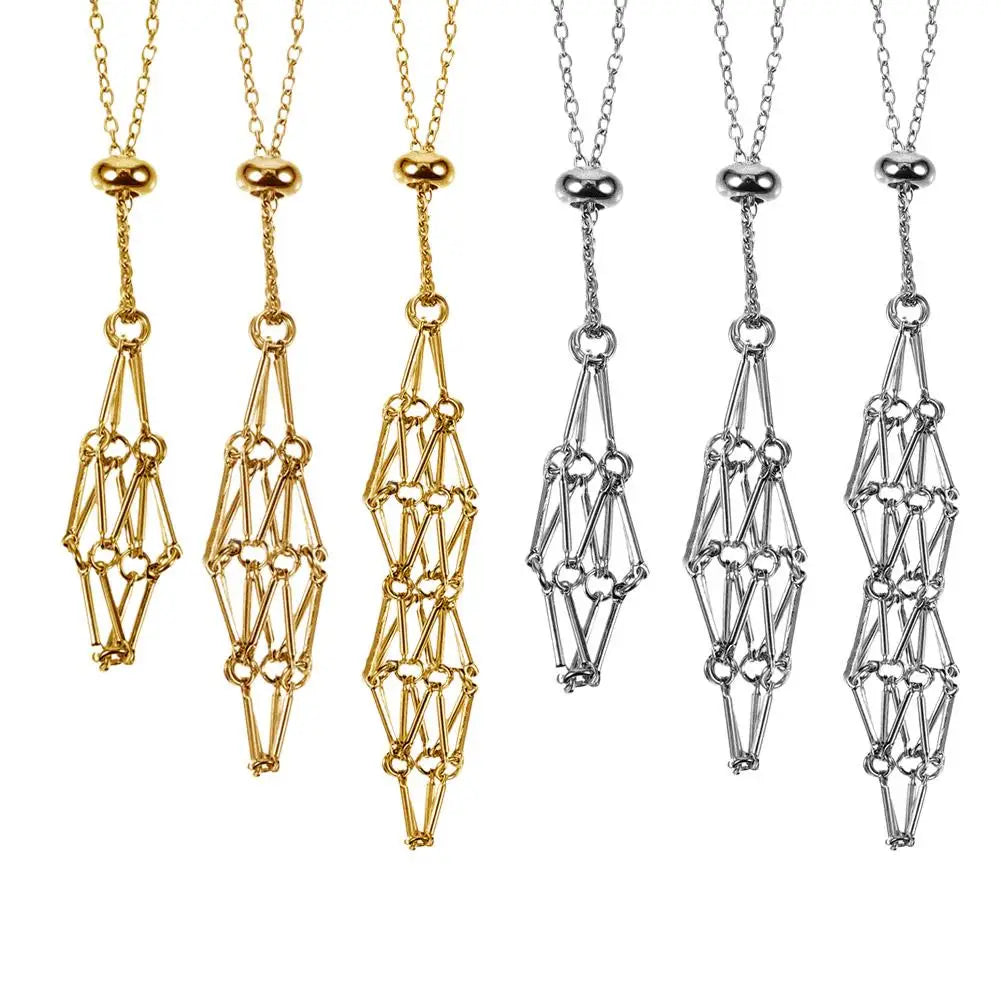 CSJA Wholesale 18k Gold Plated Stainless Steel Crystal Cage Necklace Holder Adjustable Metal Chain Stone Collecting Holder