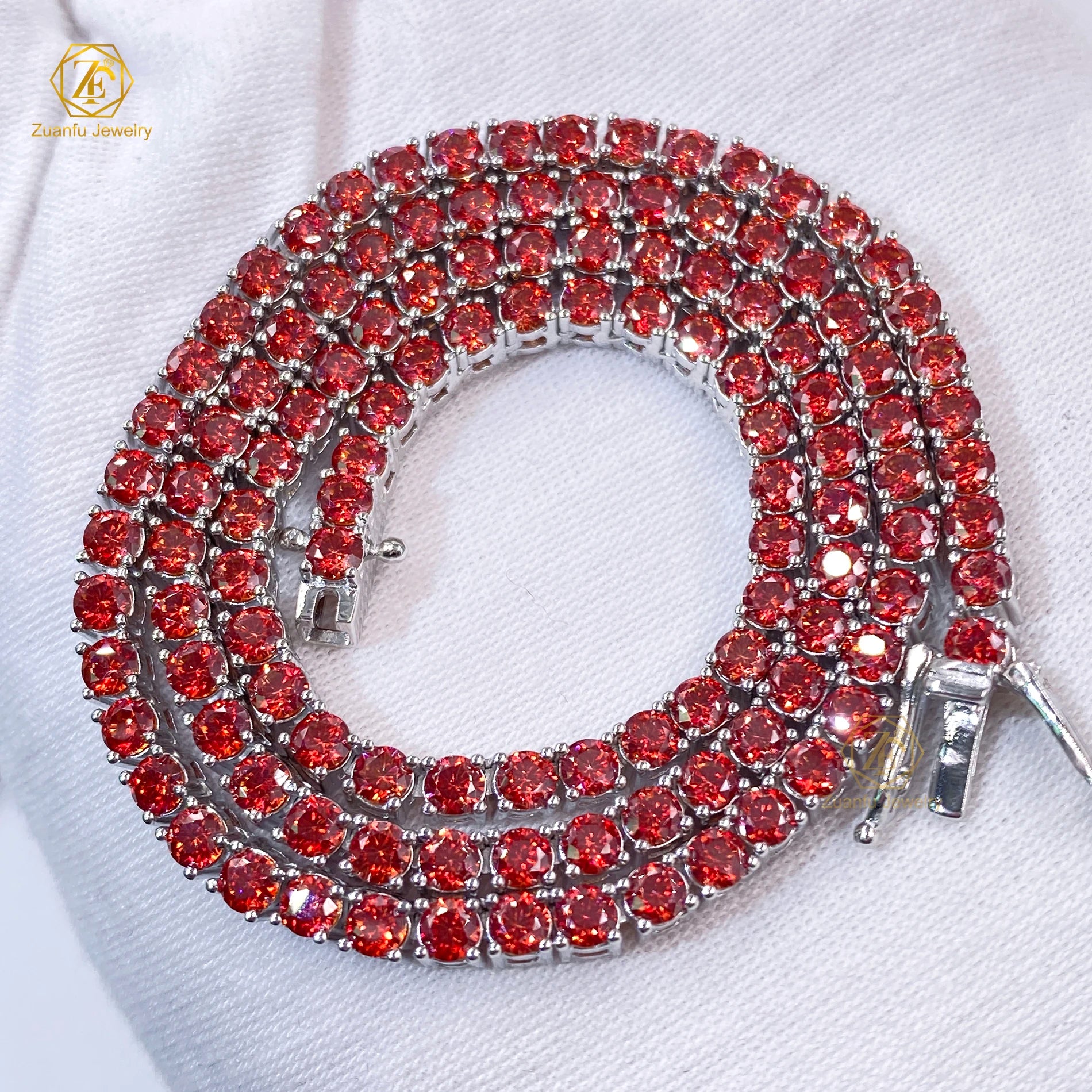 925 Silver Fashion Jewelry Hiphop Garnet Red Tennis Chain Iced out Moissanite Necklace Bracelet Set