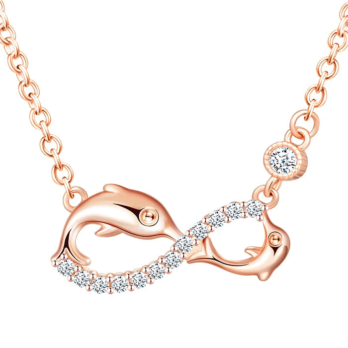 Solid 925 Silver Dolphin Winding Infinity Symbol Earrings Bracelet Necklace Rose Gold