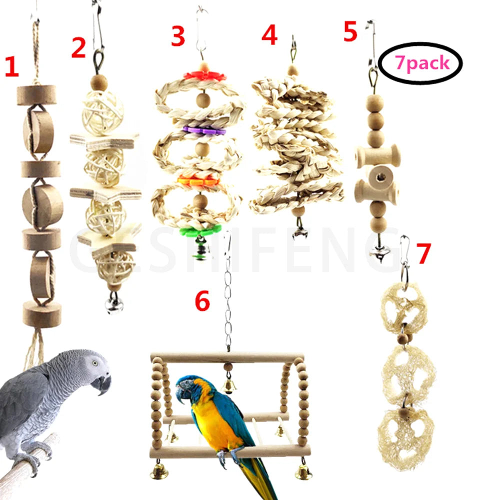 7 Pack Parrot Pet Bird Toy Natural Color Set Bird Swing Climbing Ladder Stand Set Flying Bird Toy