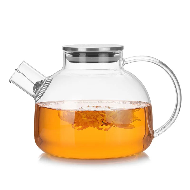 1L 1.8L Glass Teapot with Stainless Steel Lid Glass Kettle Heat Resistant Borosilicate Pitcher Carafe No-Dripping for Tea Juice