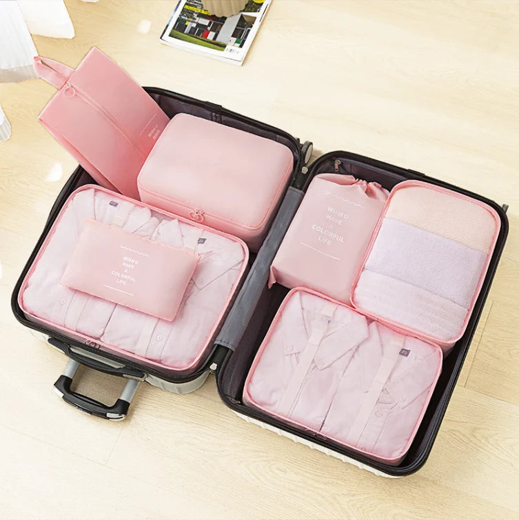 Pink Travel Organizer Clothing Seven Piece Set Foldable Waterproof Storage Bag Travel Set Luggage for Outdoor Travel
