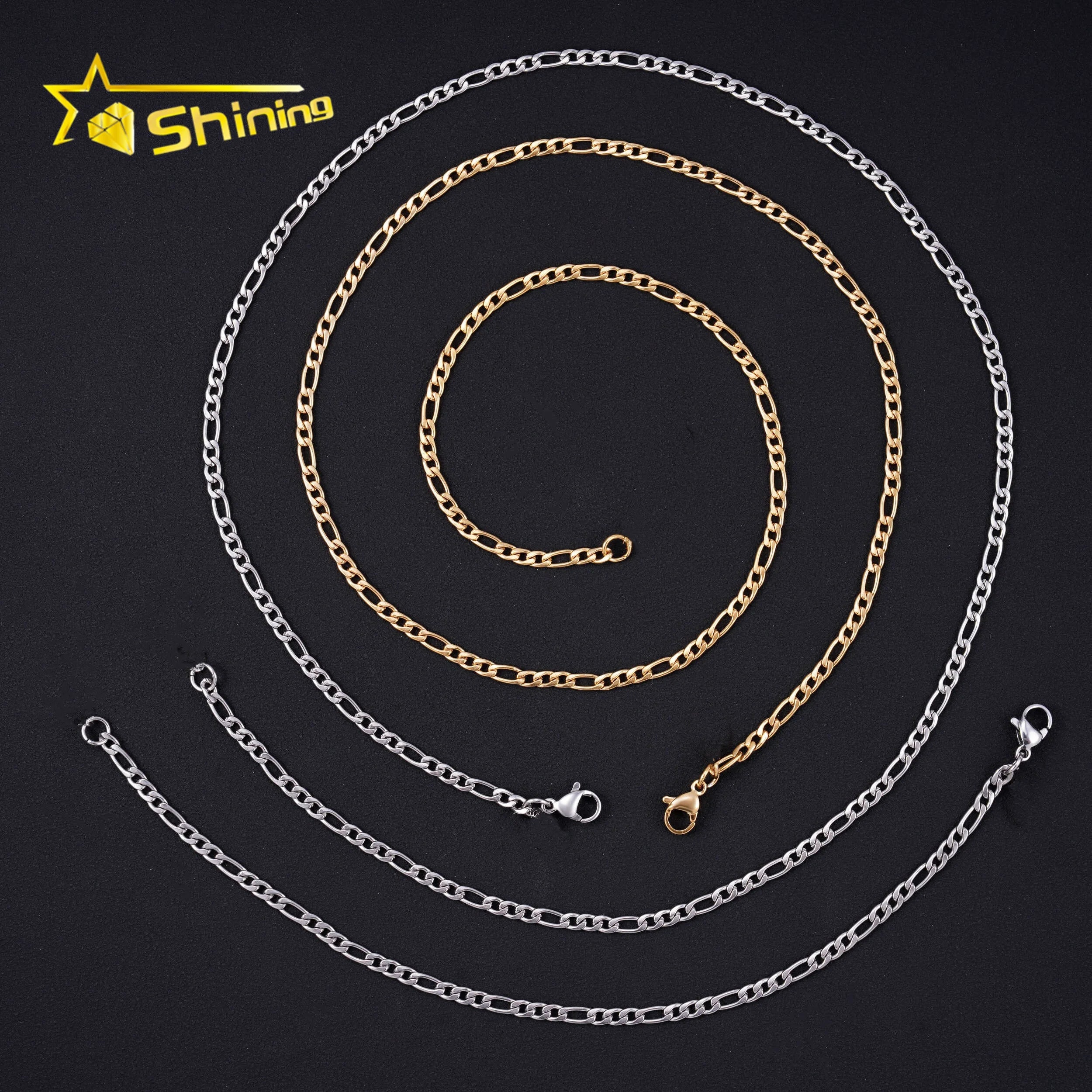 Popular Hip Hop Jewelry Necklace Men Cuban Link Chain 316L Stainless Steel Figaro Necklace Bracelet 18k Gold Plated