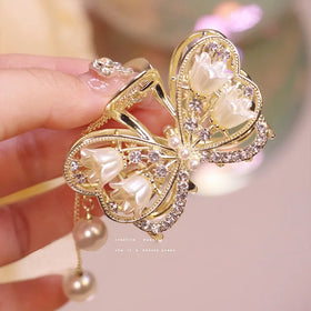 Full Rhinestone Lily of the Valley Flower Pearl Elegant Shark Clip Butterfly Hair Claw Catch Clips Back Head Metal Hairpin