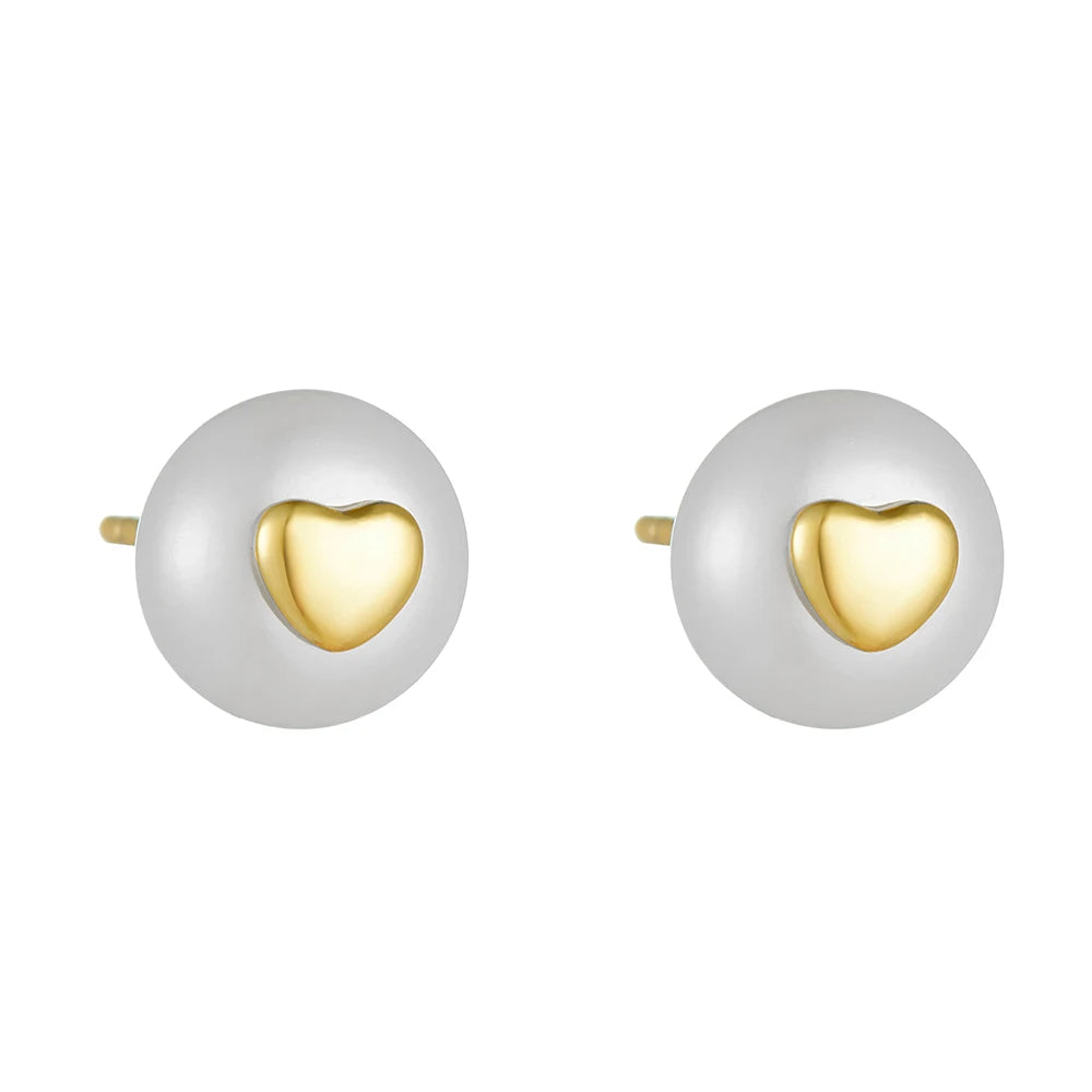 Fashion Elegant 14K Gold Jewelry 925 Sterling Silver Flat Natural Freshwater Pearls Inlay Heart Stud Earrings for Women