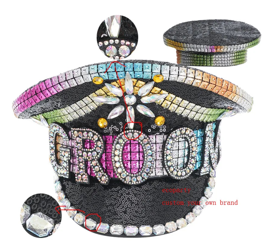 Ecoparty New Women Men Steampunk  Hat With Rivet Queen Sequin Burning Captain Sergeant Hat Rave Festival Bachelorette Part Hat