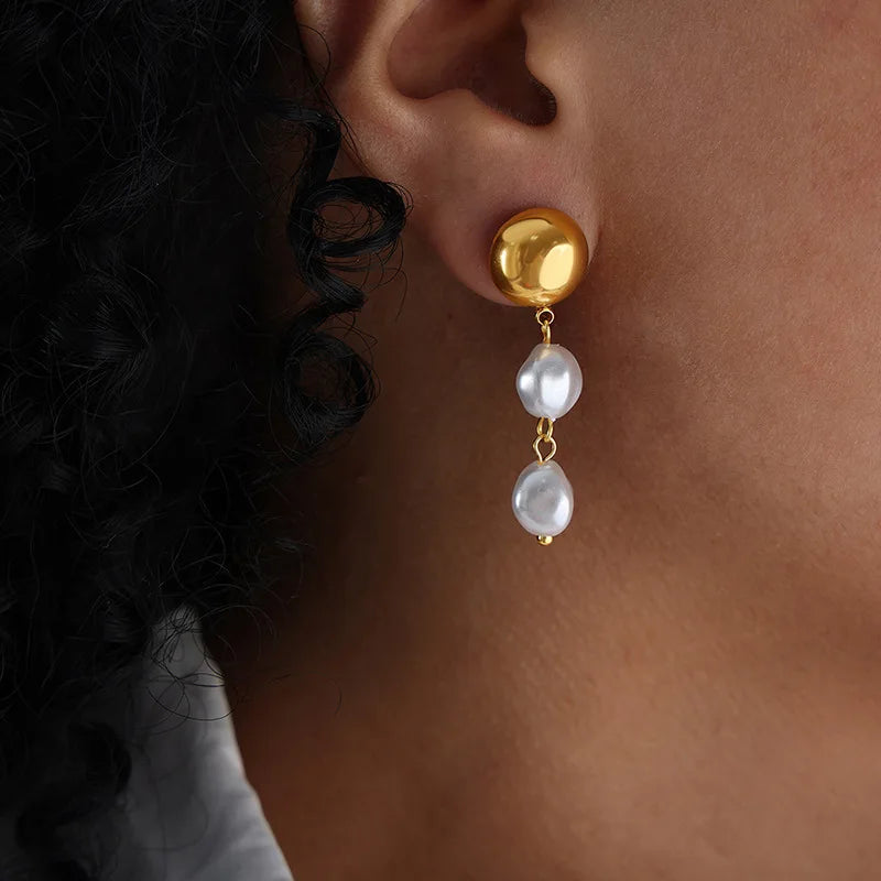 Elegant 18K Gold Plated Stainless Steel Drop Earrings Fashion Jewelry with Double Shell Pearls for Women