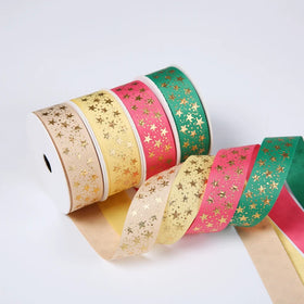 1 Inch 25mm Luxury Gold Star Foil Print Grosgrain Ribbon 100% Polyester Customizable Cut Edge Design
