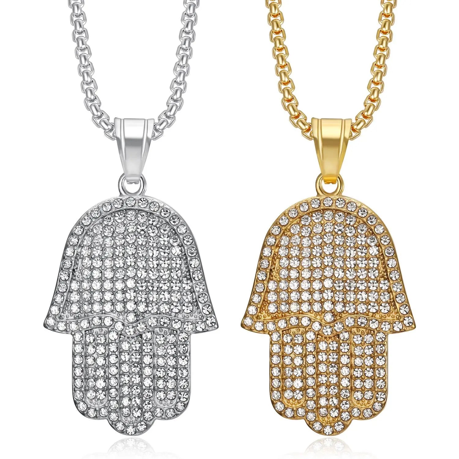 Hip Hop Punk Christian Jewelry Zircon Pendant Necklace Stainless Steel Hand of Fatima Popcorn Chain Gold Plated Mens Accessories