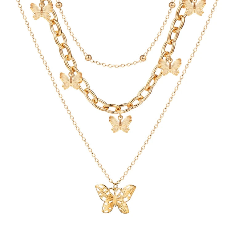 HSJ-100 Wholesale Metal Neck Jewelry for Women Multi 3 Layers Metallic Chain Alloy Gold Butterfly Pendant Necklace