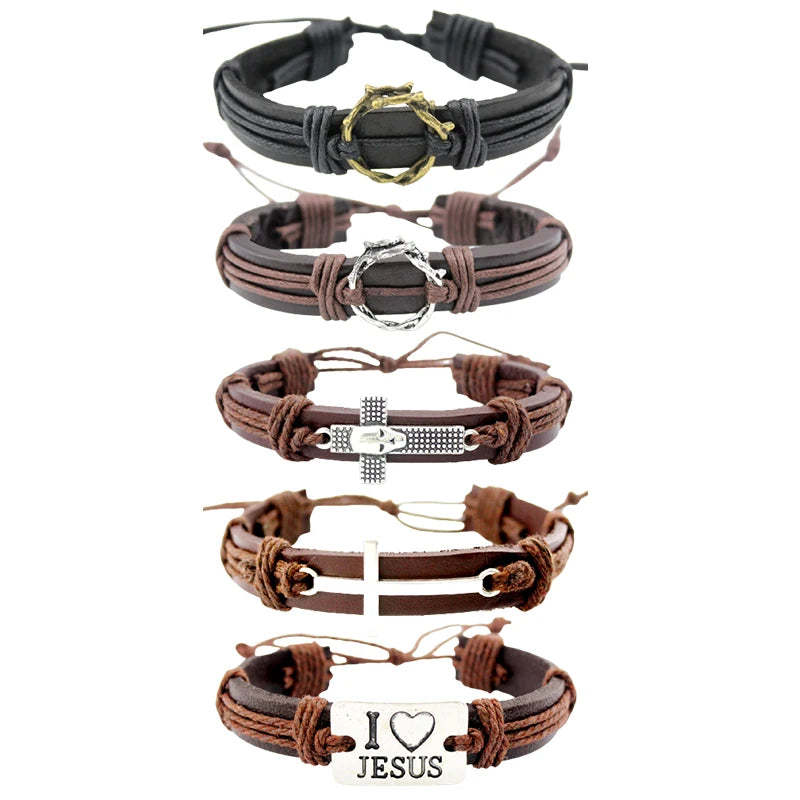Manufacturer I Heart Love Jesus Crown of Thorns Sideways Cross Christian Genuine Leather Wrap Bracelet