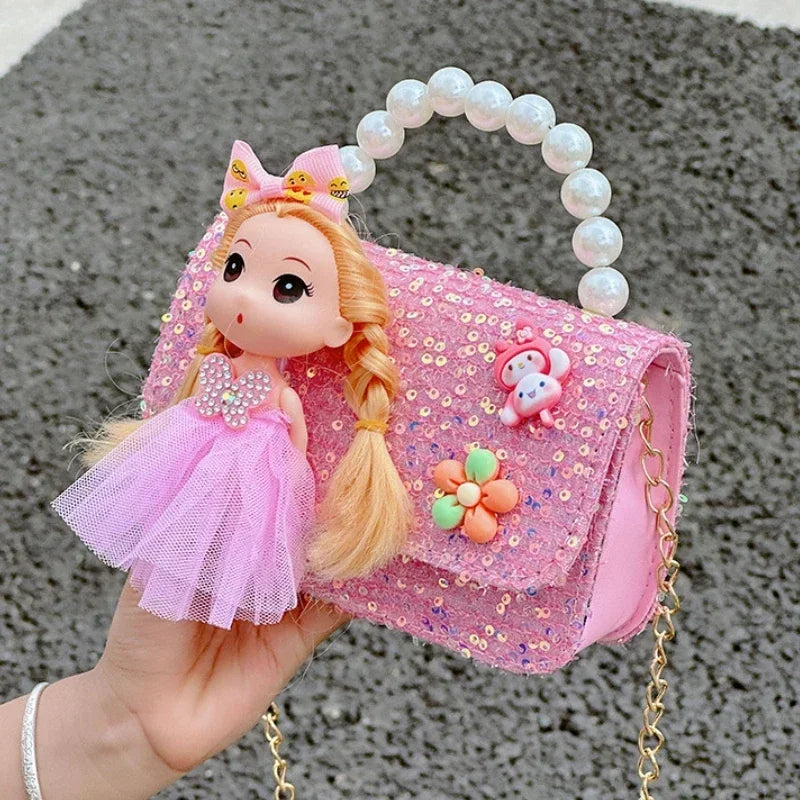 Pearl Handle Children's Square Shoulder Bag Cartoon Doll Girls Clutch Purse Handbags Princess Accessories Chain Crossbody Bags