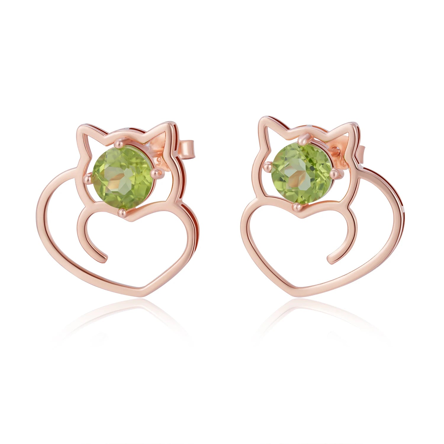 YBO Custom 18K Rose Gold Plated Wholesale Peridot Earrings with Cute Hollow Lucky Cat Stud Animal Shape for Party