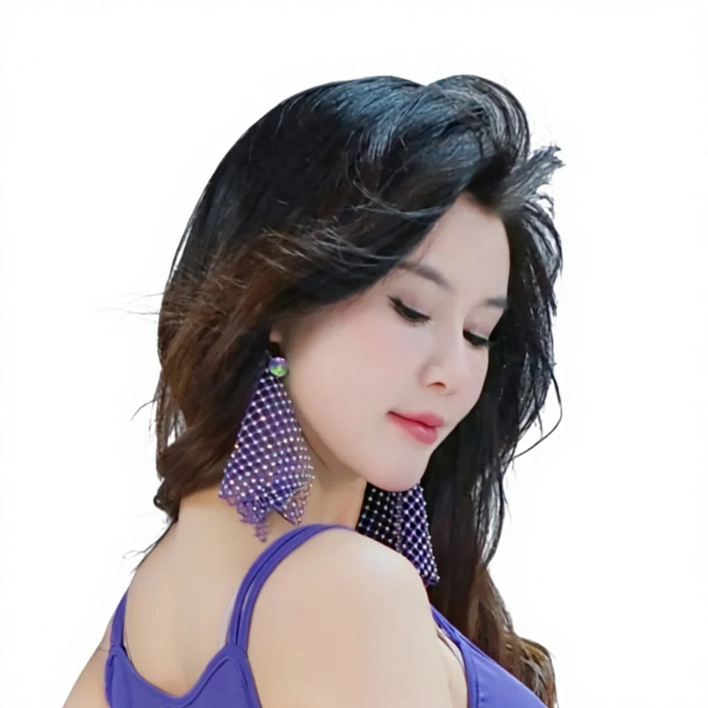 Fashionable Exaggerated Versatile Color Large Sequin Rhinestone Mesh Long Pendant Drop Earrings for Women Eardrops Jewelry