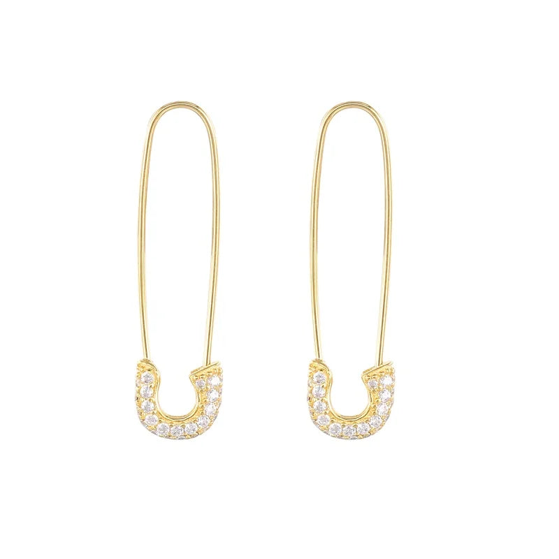Safety Pins Drop Hoop 18K Gold Plated Zircon S925 Sterling Silver Stud Earrings for Women Trendy Geometric Creative Design