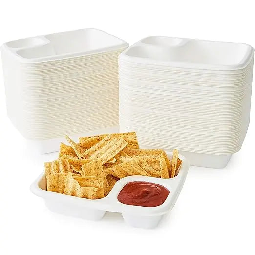 OEM Logo White Disposable Sugarcane Bagasse Plate Portable Party Nacho Tray for Cheese Dip & Chip for Sushi