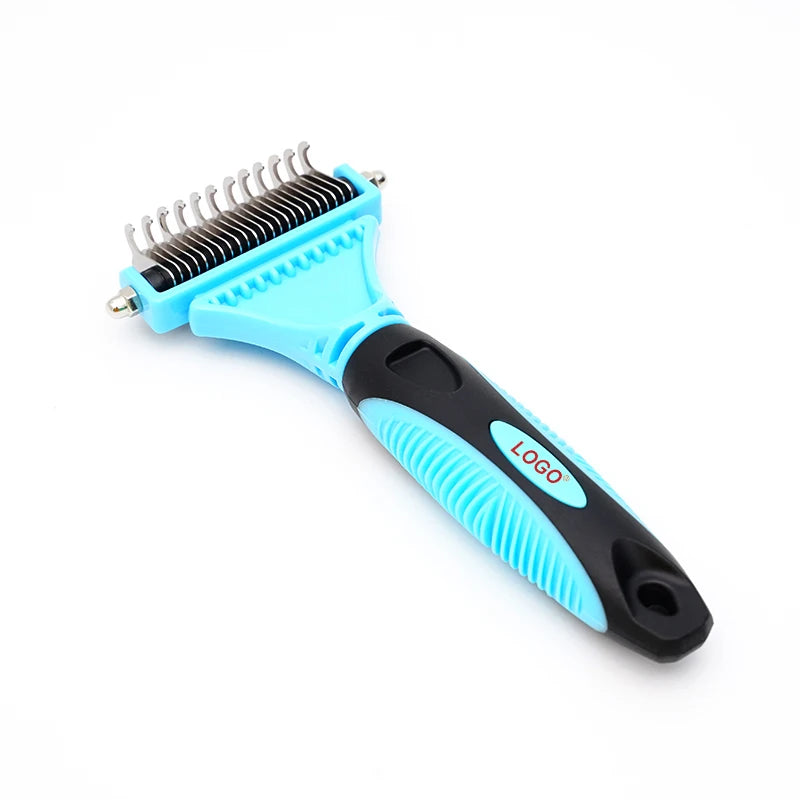 Factory Custom Private Label Double-sided Teeth Pet Cat Dog Hair Dematting and Deshedding Grooming Rake Comb Brush Tool