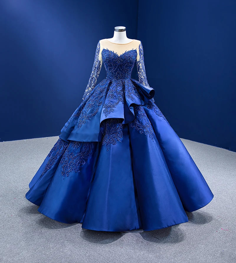 Rsm222104 Navy Blue Evening Long Dresses 2022 New Trend Beaded Full Sleeves Party Gowns
