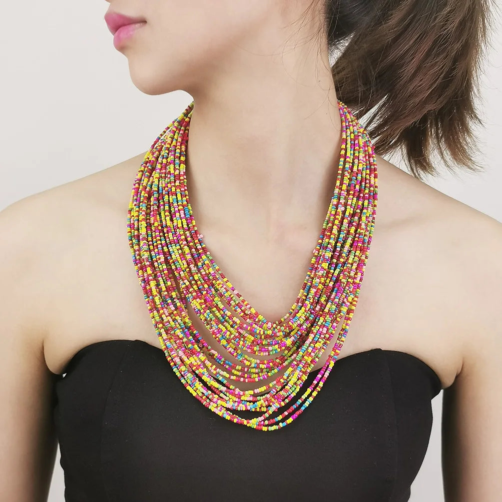 HANSIDON New Design Bohemian Multi Layer Long Tassels Beaded Necklace Handmade Fashion Beads Choker Africa Jewelry Accessories